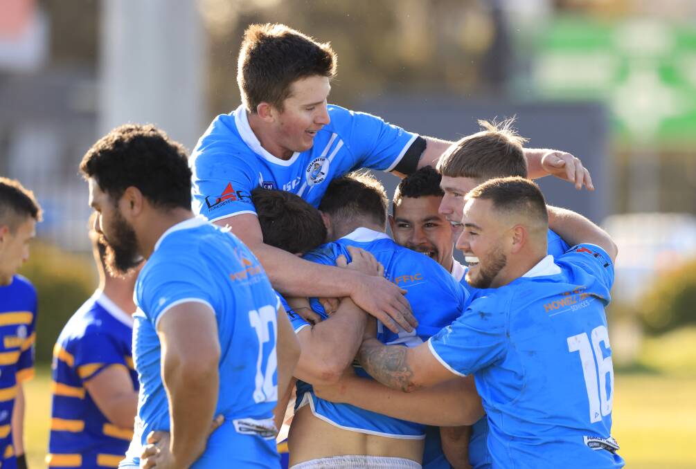 Queanbeyan Blues players celebrate a try en route to qualifying for the Canberra Raiders Cup decider. Picture by Keegan Carroll